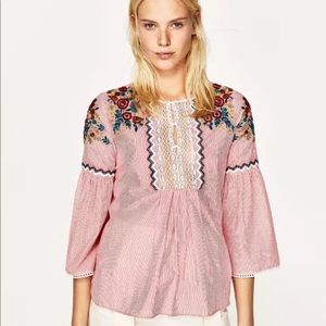 {Zara} Red and White Embroidered Peasant Top